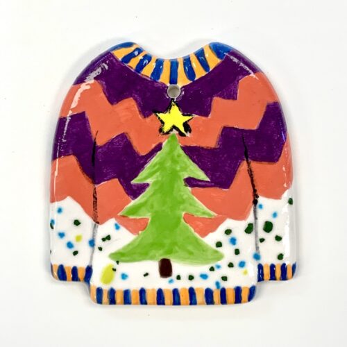 Ready-to-Paint Ceramic Christmas Sweater ornament for decorating your holidays tree holidays from Create Art Studio's Toronto location and online store