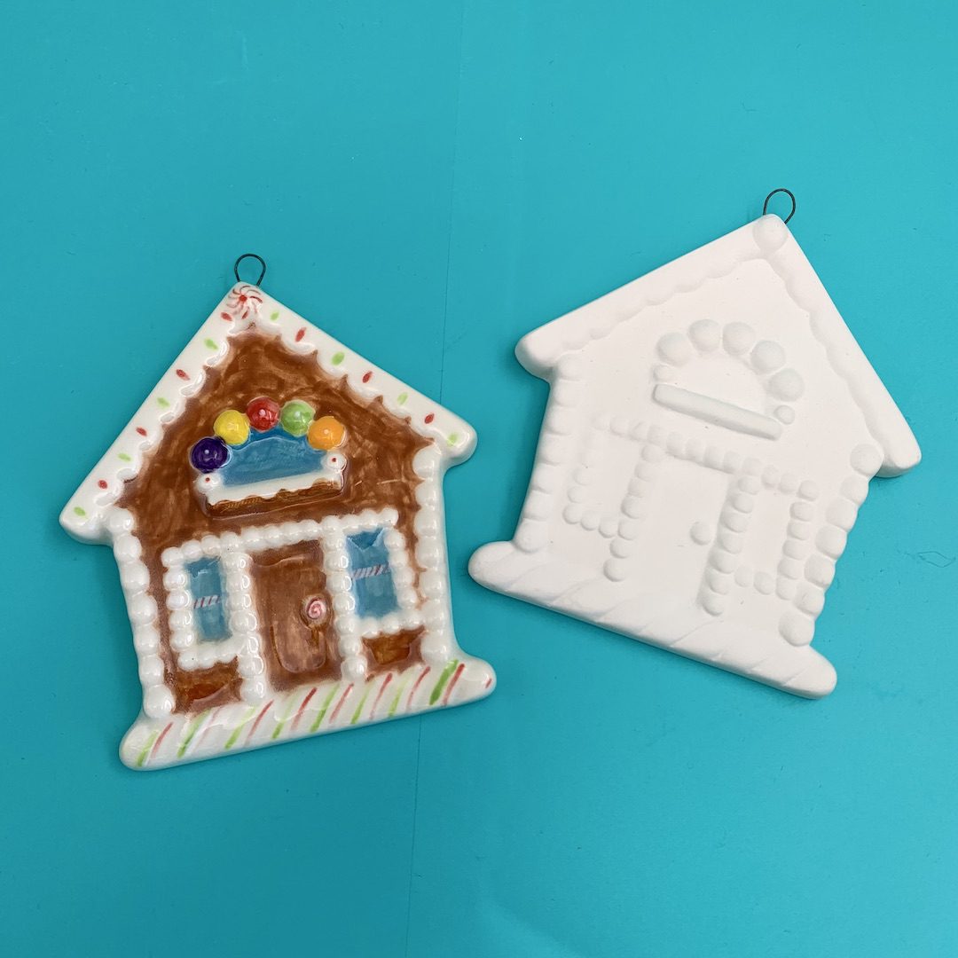 Ready-to-Paint Ceramic Gingerbread House Ornament for Christmas Holidays from Create Art Studio in our Toronto location and online store