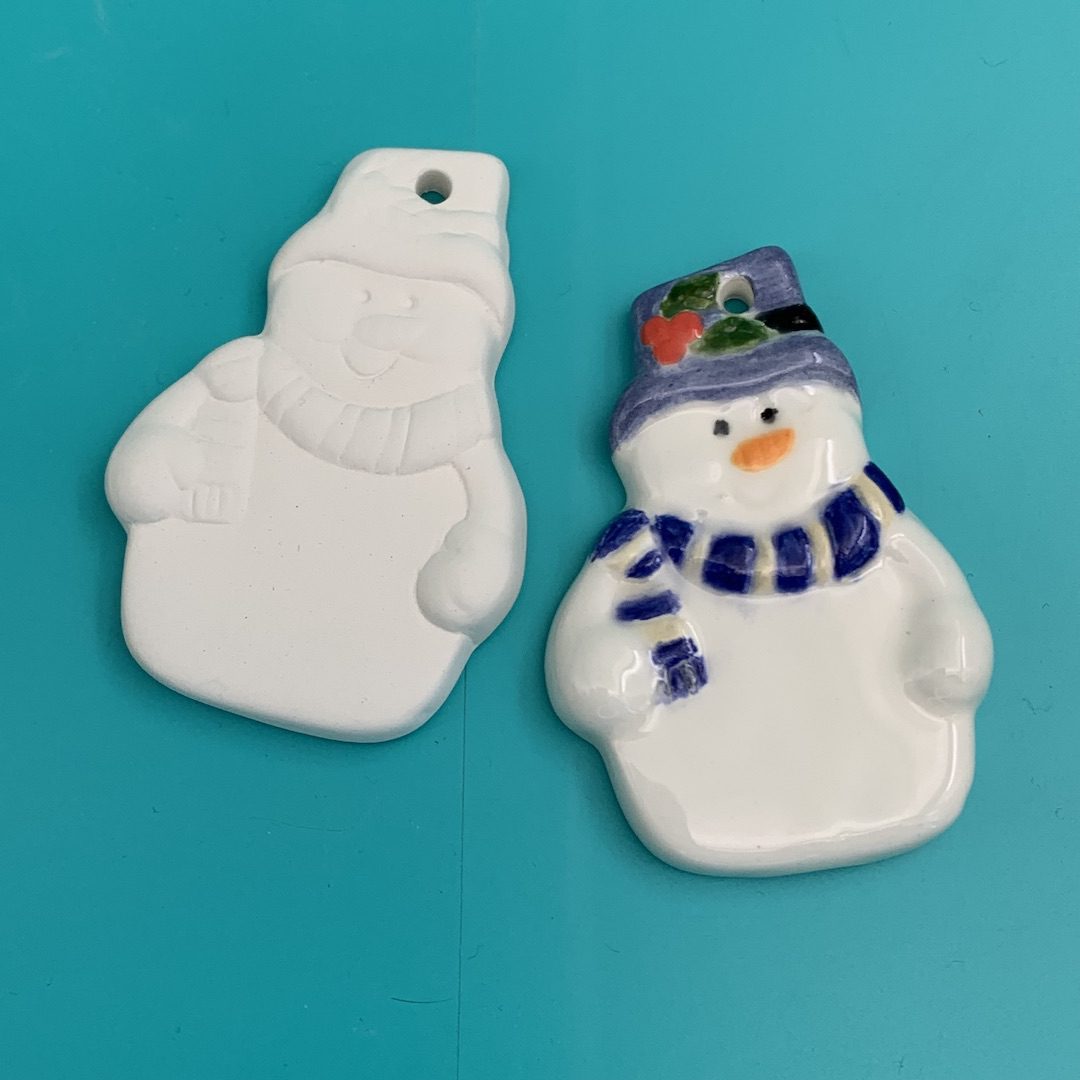Ready-to-Paint ceramic Frosty the Snowman ornament for the Christmas holidays from Create Art Studio's Toronto location and online store
