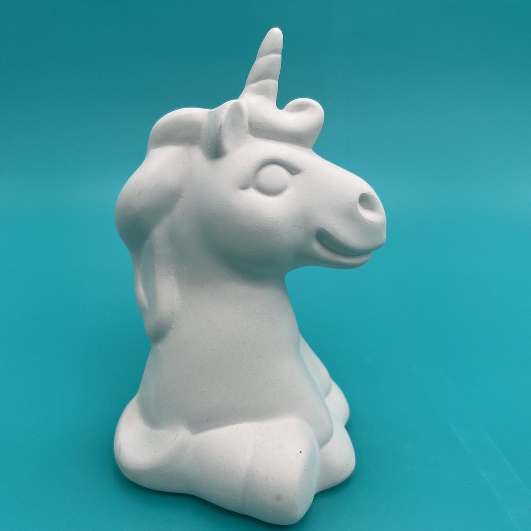 Ready-to-paint ceramic seated unicorn from Create Art Studio's Toronto location and online store