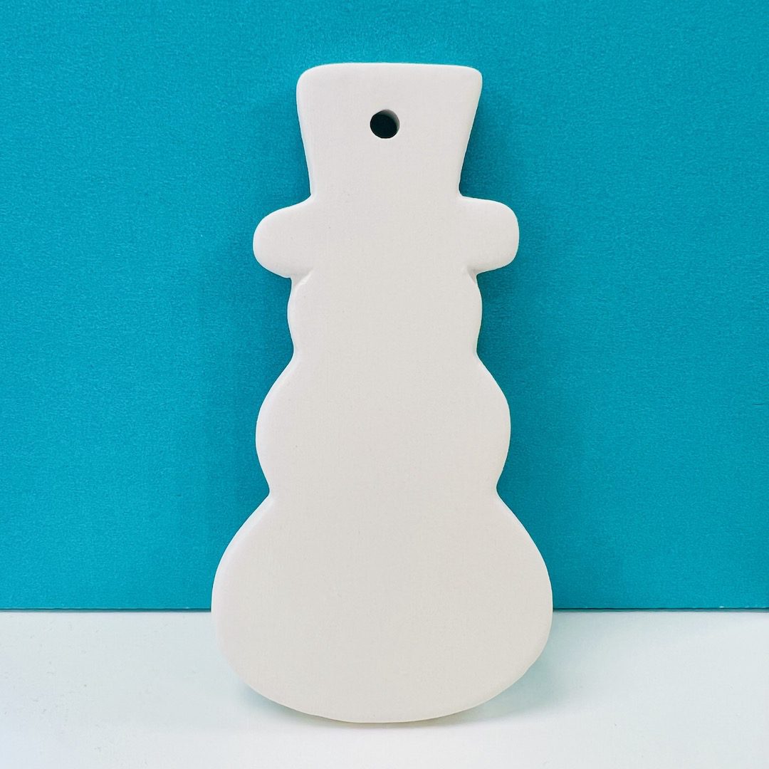 Ready-to-Paint ceramic Flat Snowperson ornament for the Christmas holidays from Create Art Studio's Toronto location and online store