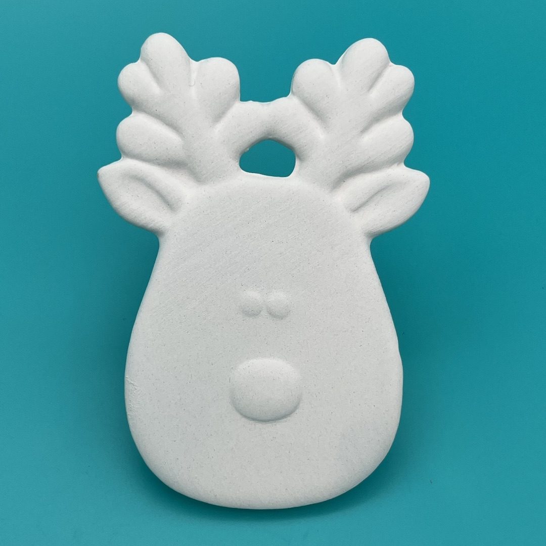 Ready-to-Paint ceramic Rudolf the reindeer ornament for the Christmas holidays from Create Art Studio's Toronto location and online store