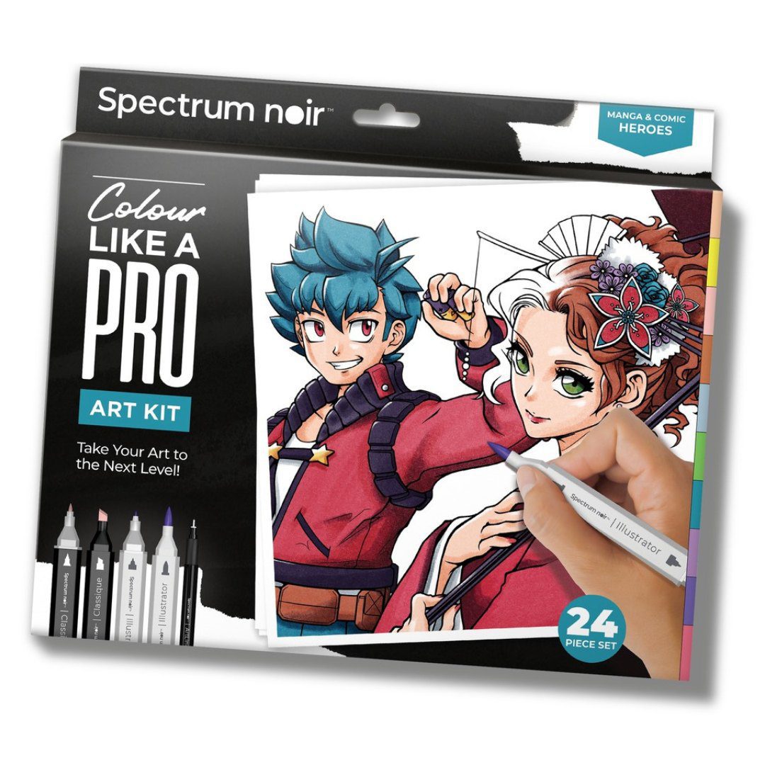 Master authentic comic book and manga styles with the Pro Colour Manga & Comic Heroes set from Spectrum Noir. Get your 24-piece kit from Create Art Studio in Toronto and Online to colour like a pro with professional, authentic art markers, accessories and a guide to get started right away.